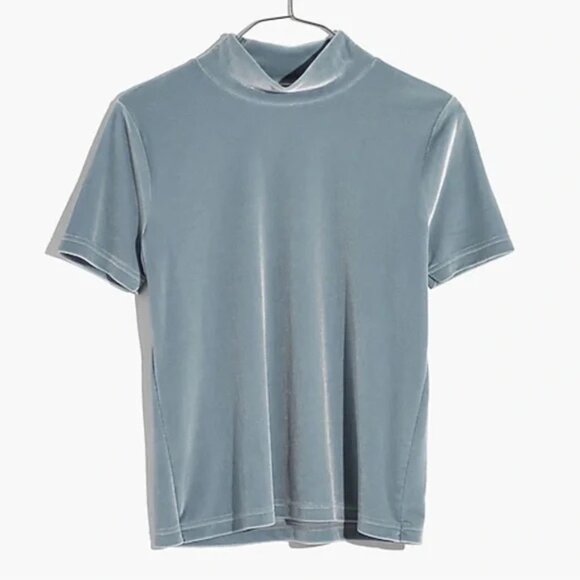 Madewell Velvet Mock Neck Short Sleeve Stretch Top Size Small in Horizon - Picture 1 of 15